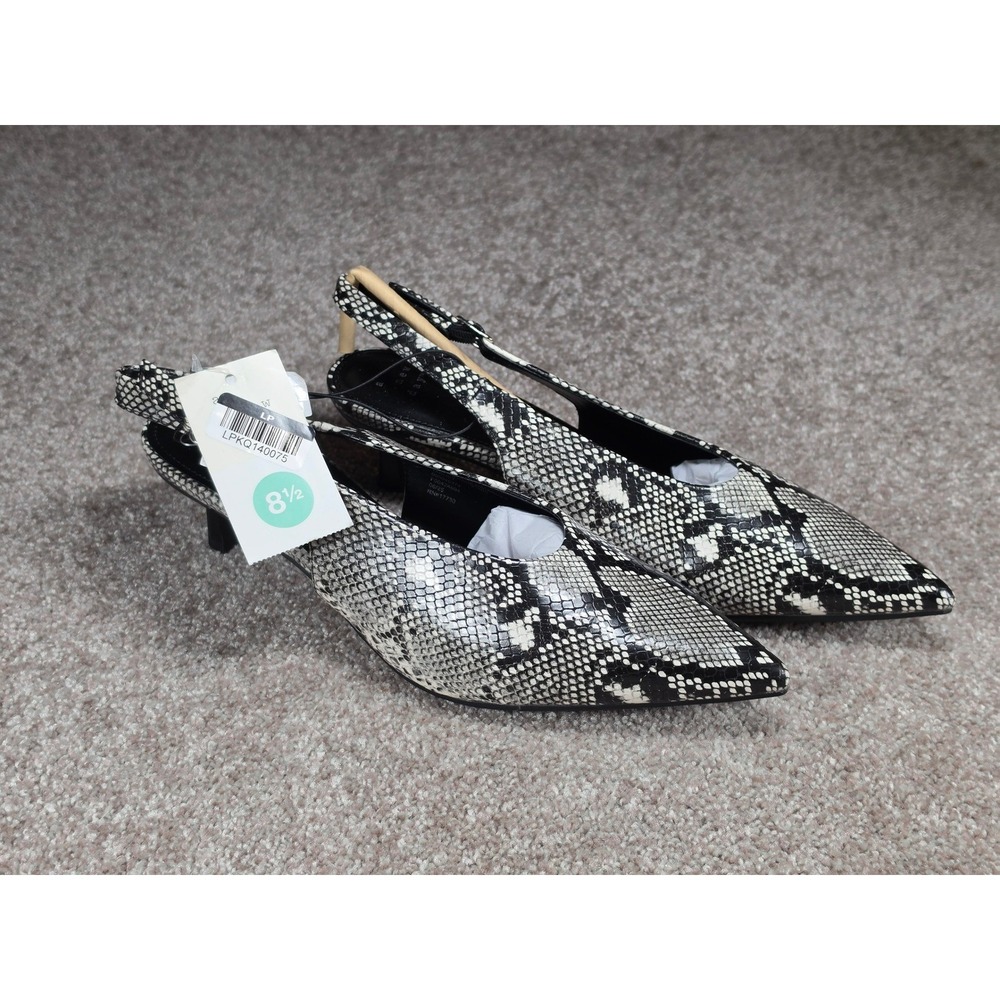 A New Day Womens Snakeskin Print Slingback Kitten Heels Pointed Black White 8.5